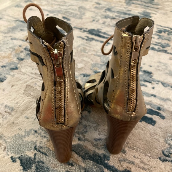 Call It Spring Gold Metallic Bootie Lace Up Block High Heels Zip Up Chunky | 7.5 - Picture 6 of 15